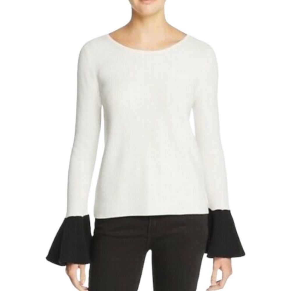 Ramy Brook White Sweater Black Bell Sleeves Ribbed Knit Dressy XS $295